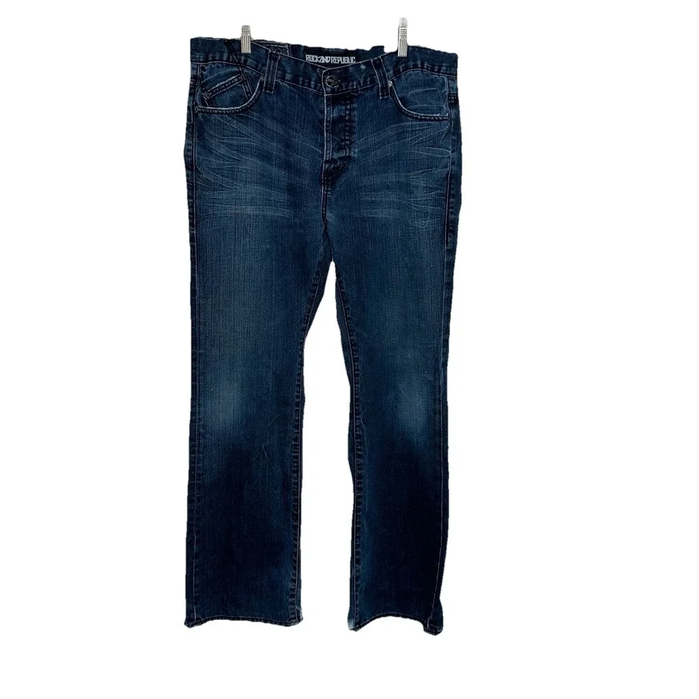 Rock‎ & Republic Men 36x32 Blue Distressed Flare Bootcut Jeans Grunge Button Fly